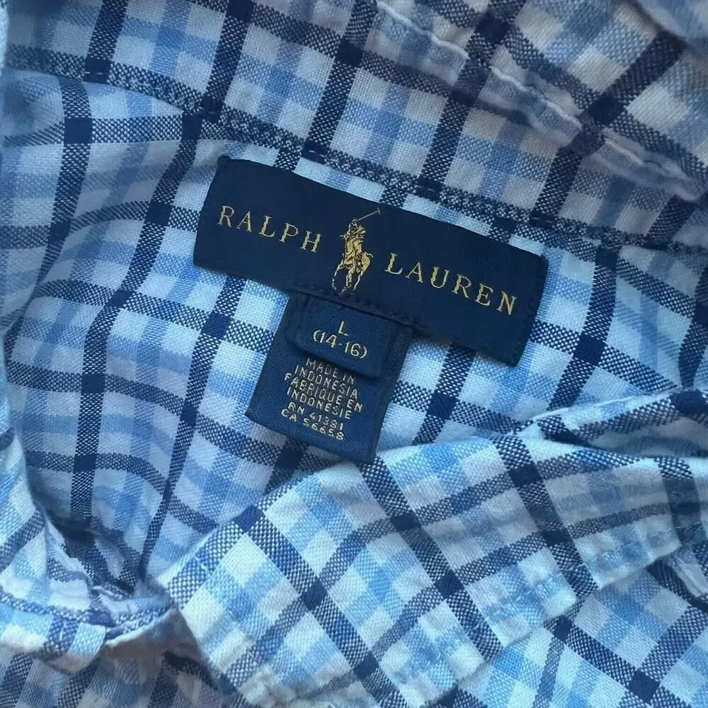 Ralph Lauren Shirt Boys Large 14-16 Blue White Plaid Button Down Cotton Comfort